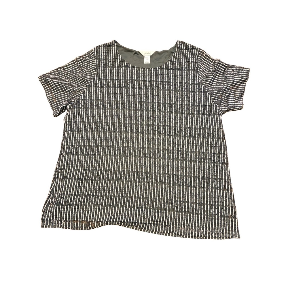 CJ Banks Womens 1X Black White Textured Striped Short Sleeve Blouse Lined Top